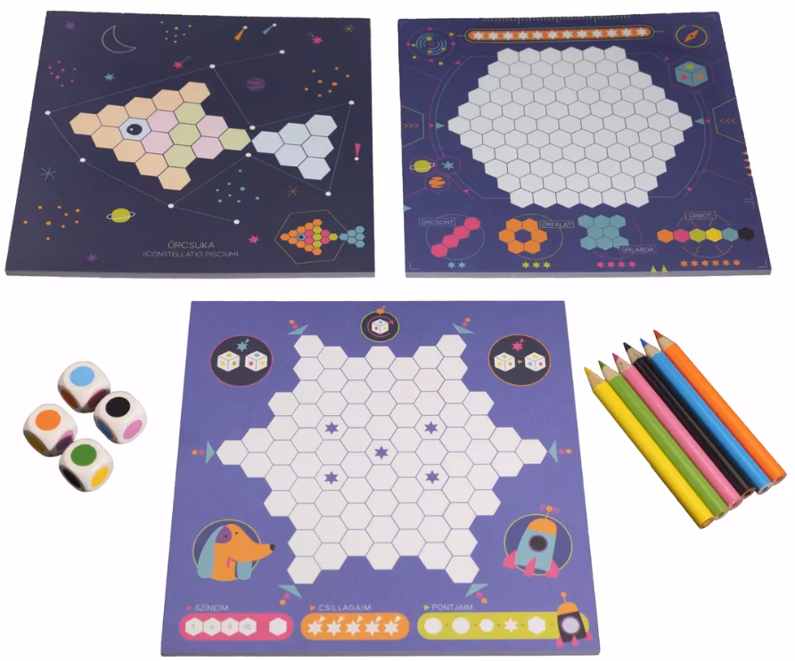 Composants du jeu de société Lajka montrant des plateaux de jeu colorés et des dés